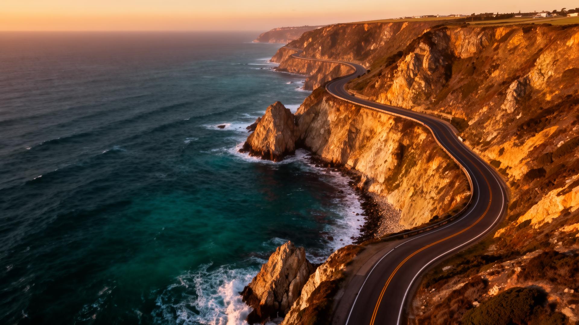 Aerial view of a winding coastal road at golden hour